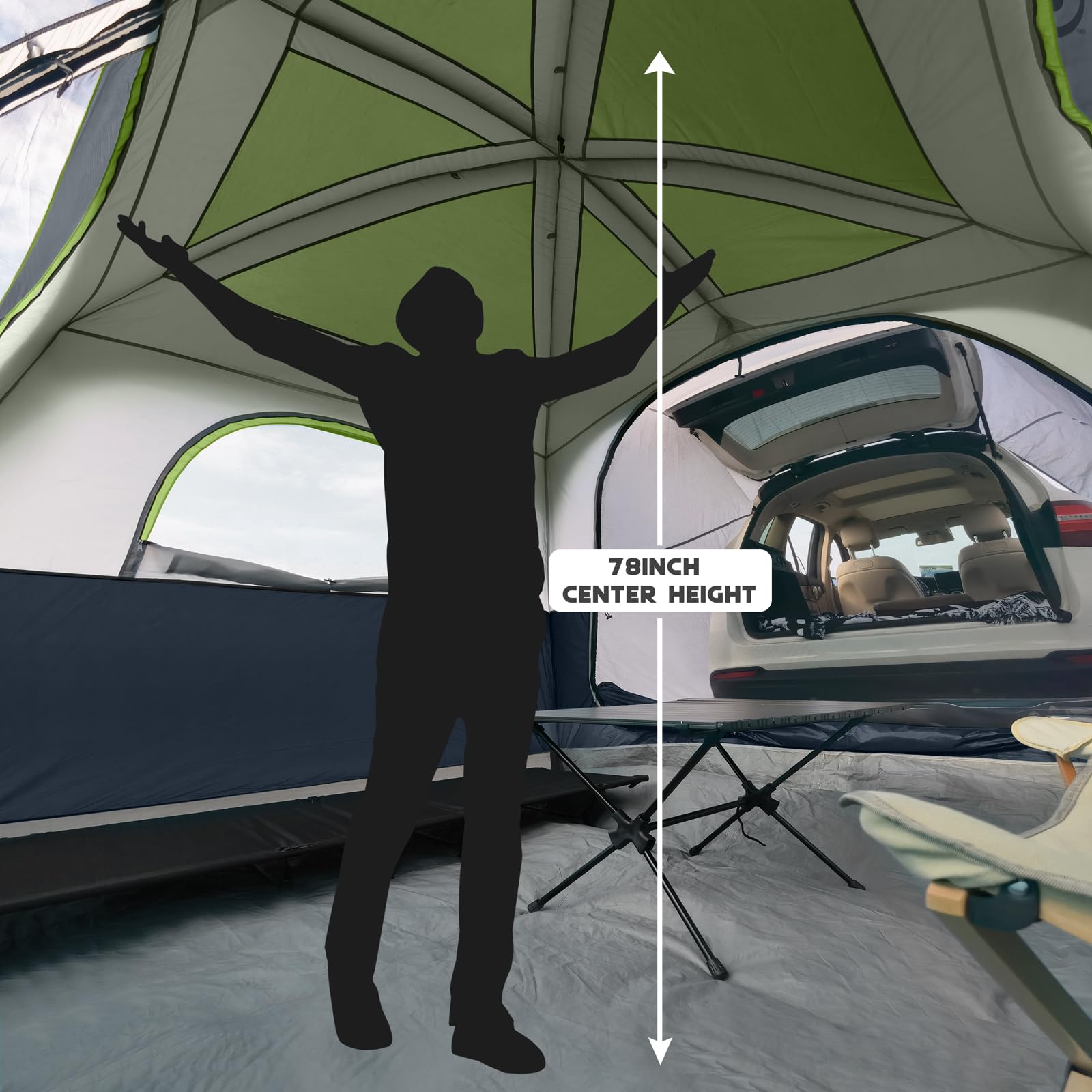 UNP SUV Tent interior-6-person highlights space for two air mattresses.