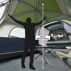 UNP SUV Tent interior-6-person highlights space for two air mattresses.