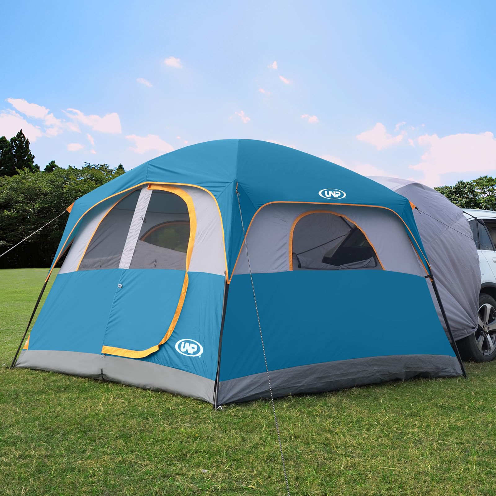 UNP SUV tent setup close-up shows quick assembly for campsite convenience.