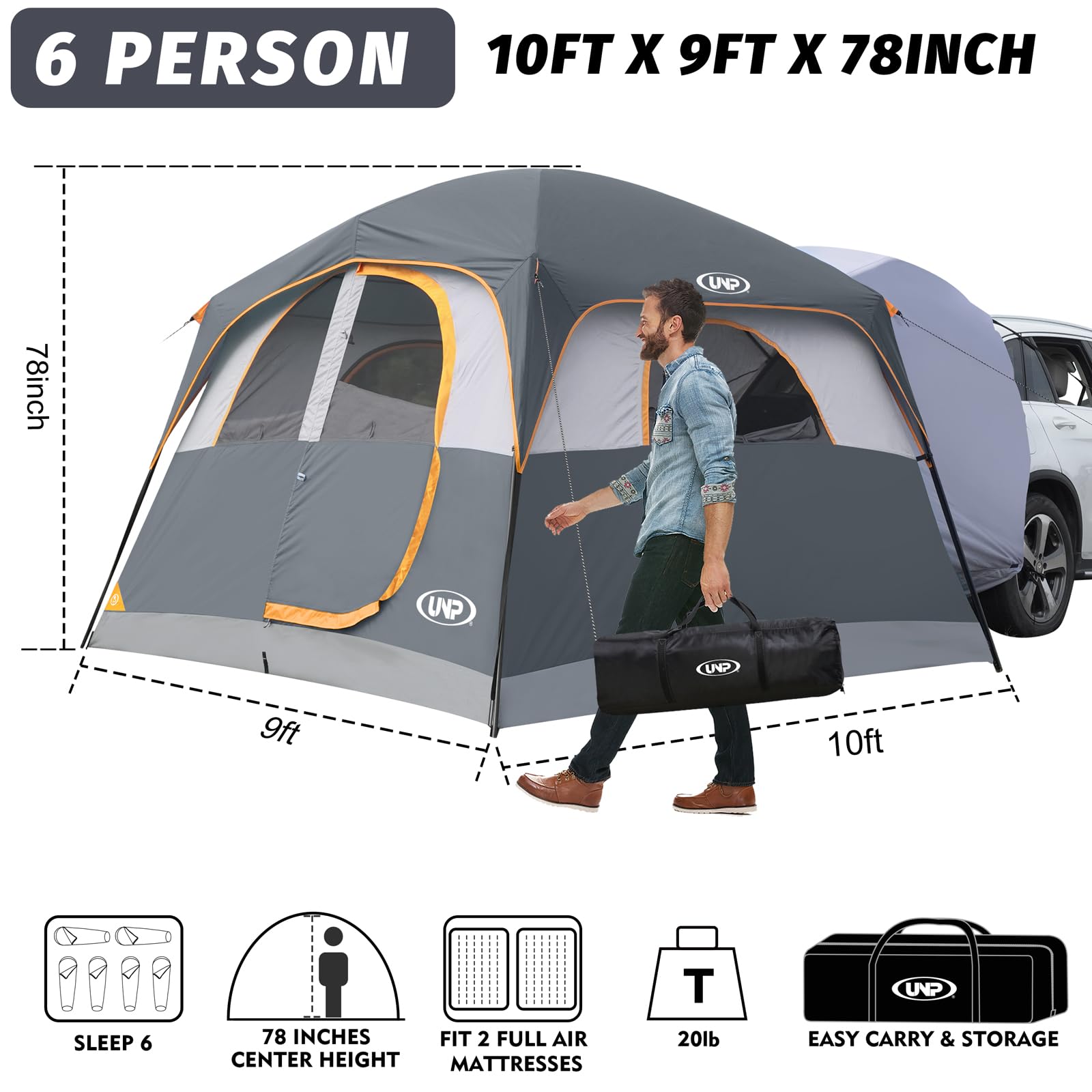 UNP SUV Tent interior shows roomy 6-person layout for comfortable sleeping.