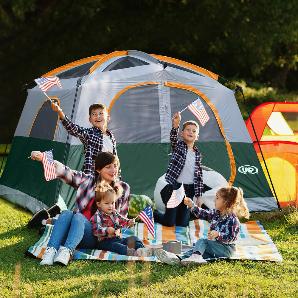 UNP tents car camping setup illustrates easy packing and family-friendly dimensions