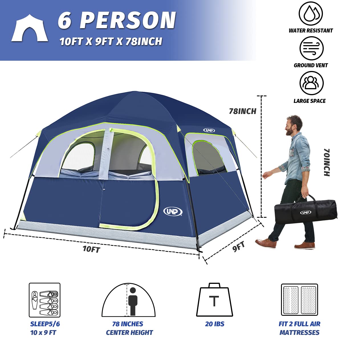 UNP 6-person tent interior with 78-inch center height for easy movement.