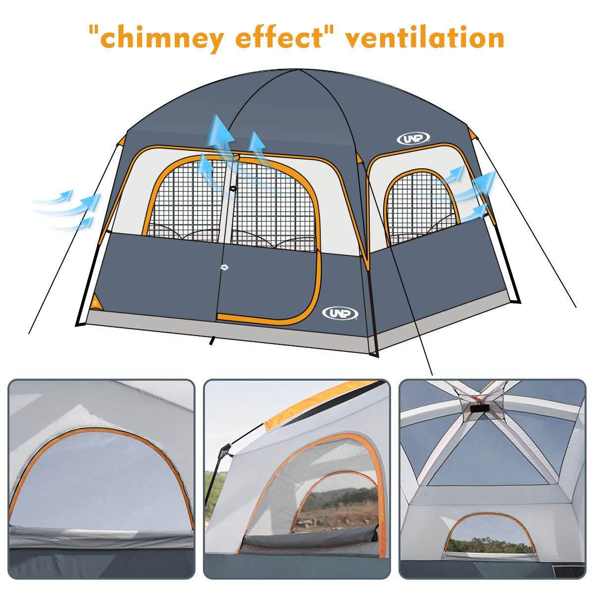 UNP tents 6-person mesh door ventilation illustrates breathable airflow and views