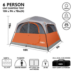 UNP Tents 6-person orange mesh door demonstrates breathable entry