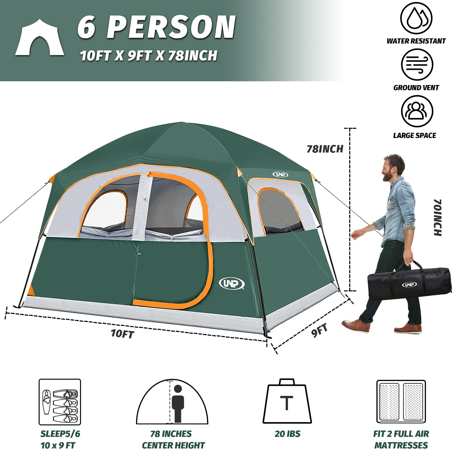 UNP tents side view highlights sturdy frame and wind-ready design for outdoor adventures