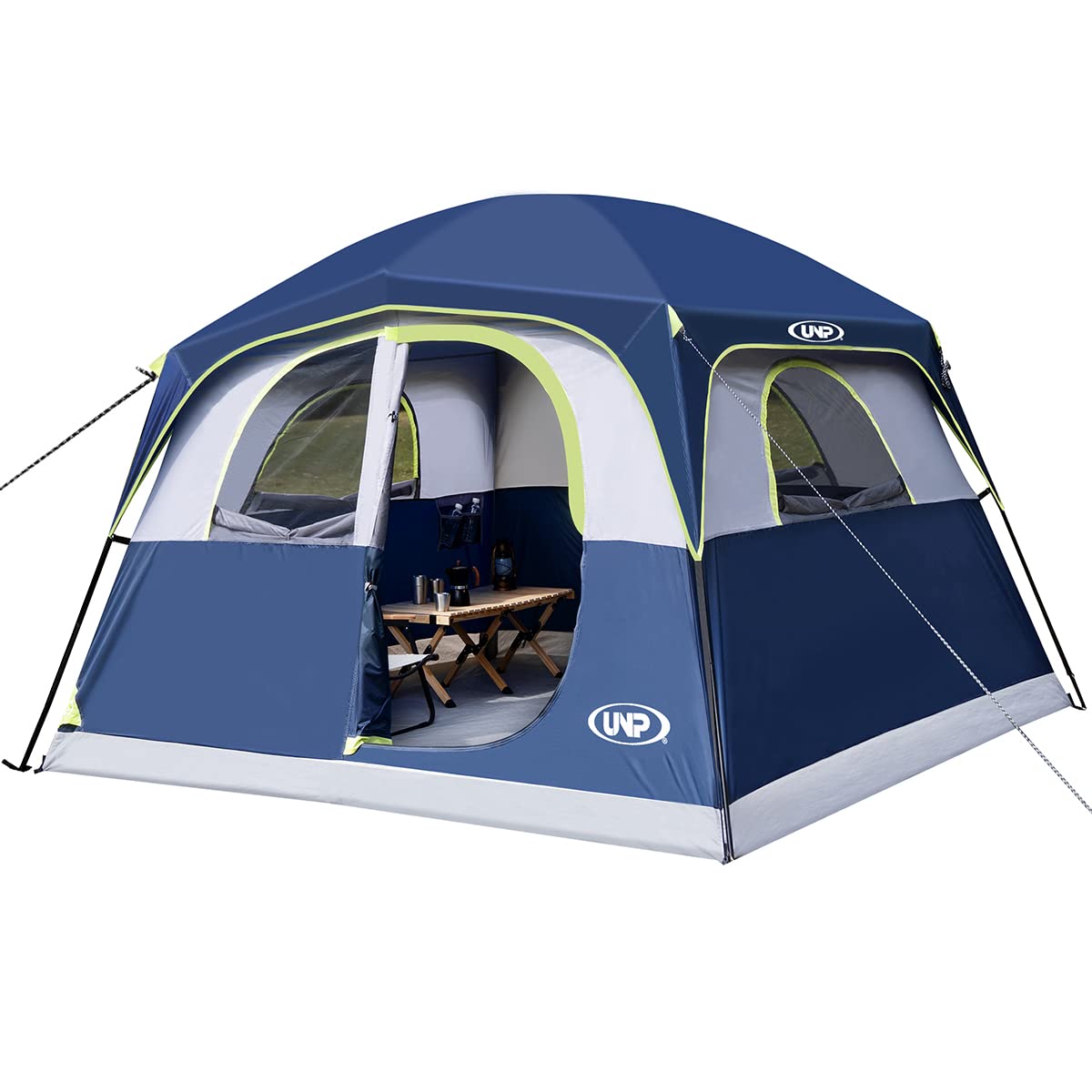 UNP 6-person tent waterproof coating withstands varied weather for outdoor camping.