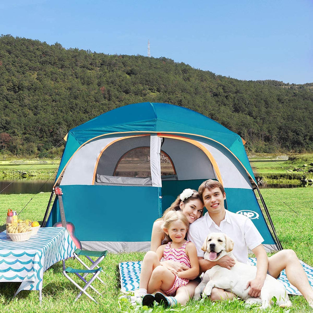 UNP blue exterior view showcases a durable, double-layer cabin tent.