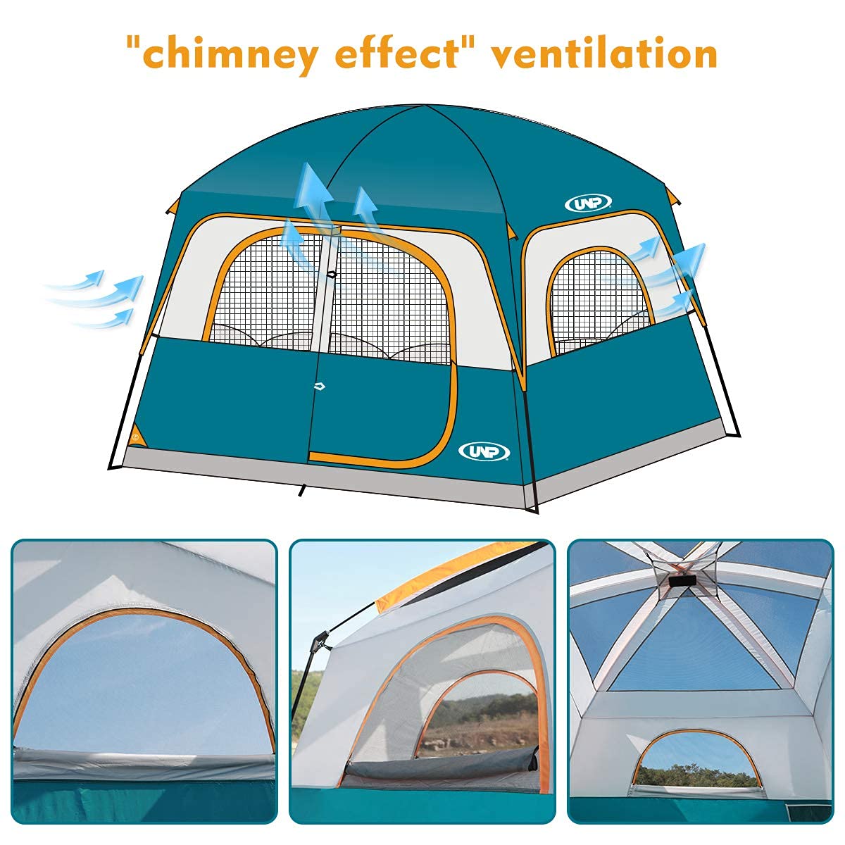 UNP waterproof fabric highlights reliable protection in wet camping conditions.