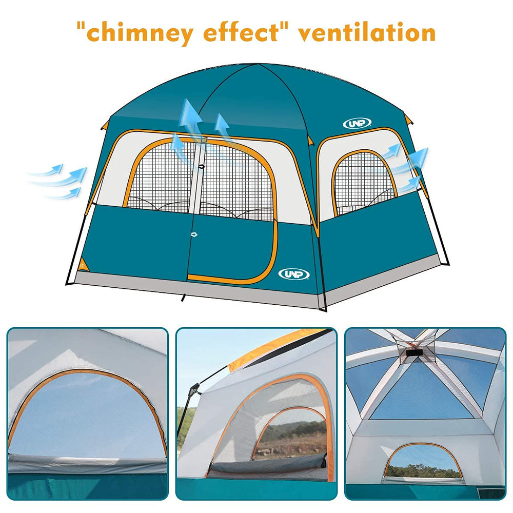 UNP waterproof fabric highlights reliable protection in wet camping conditions.
