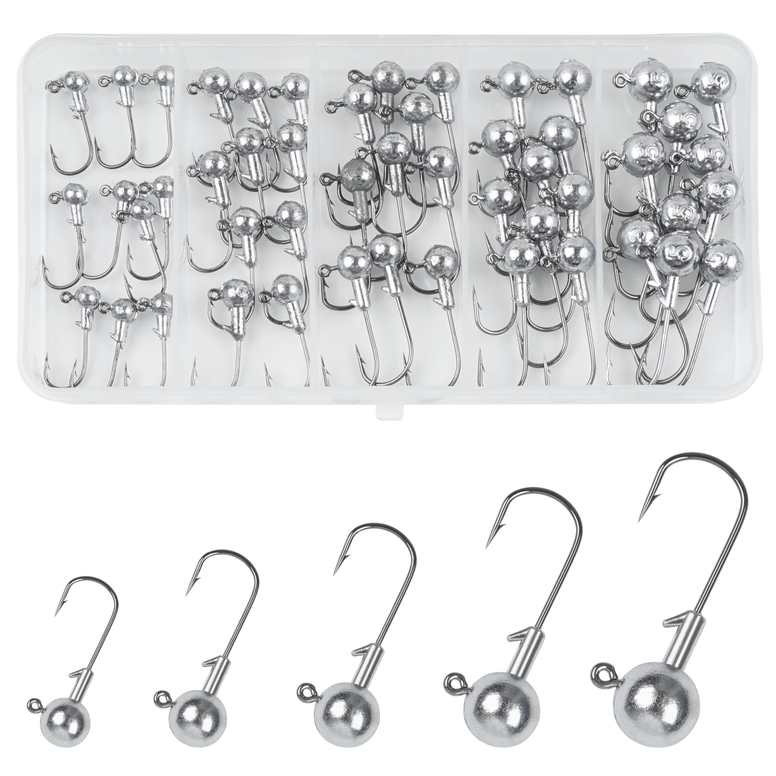 Close-up of unpainted round ball jig head with sharp hook