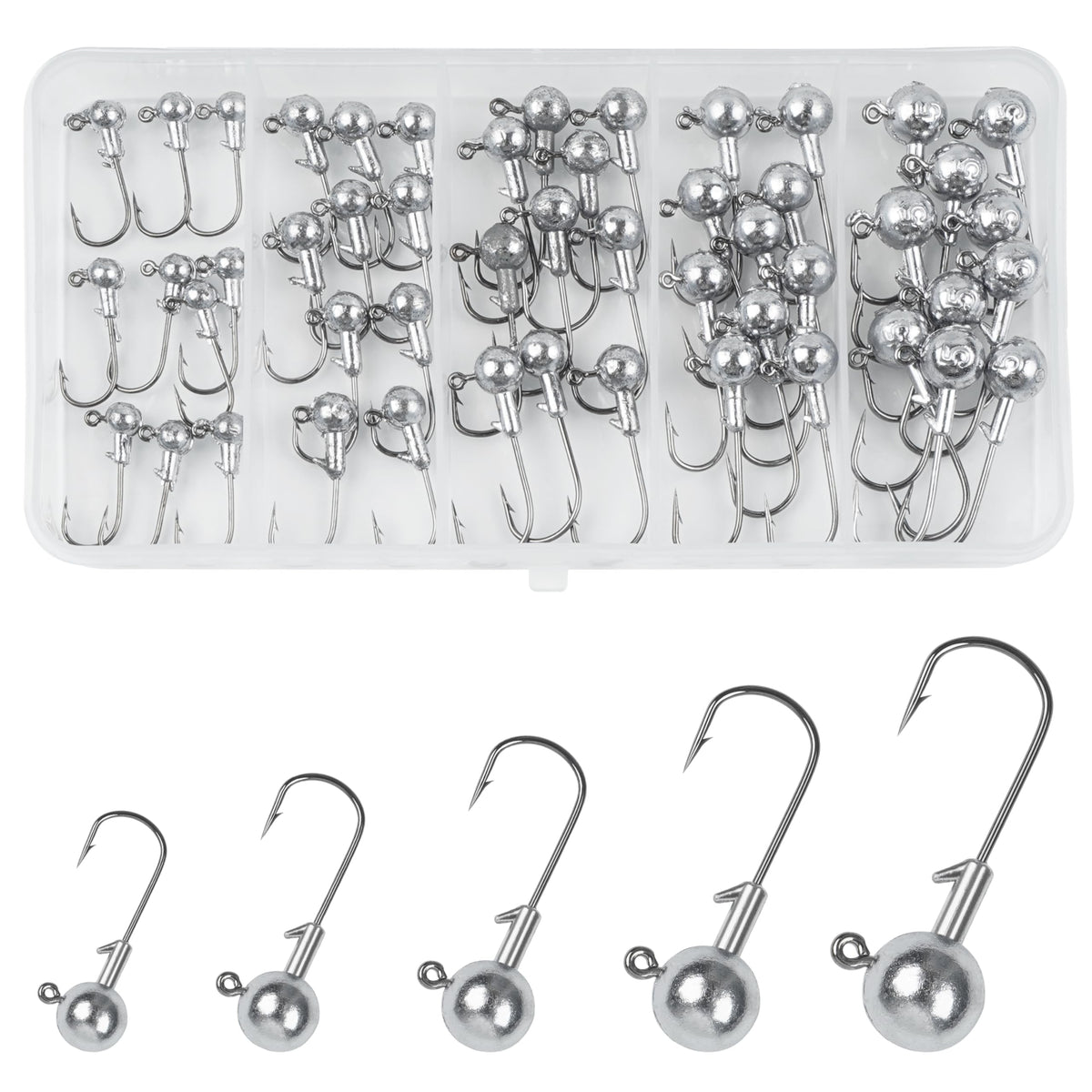 Close-up of unpainted round ball jig head with sharp hook