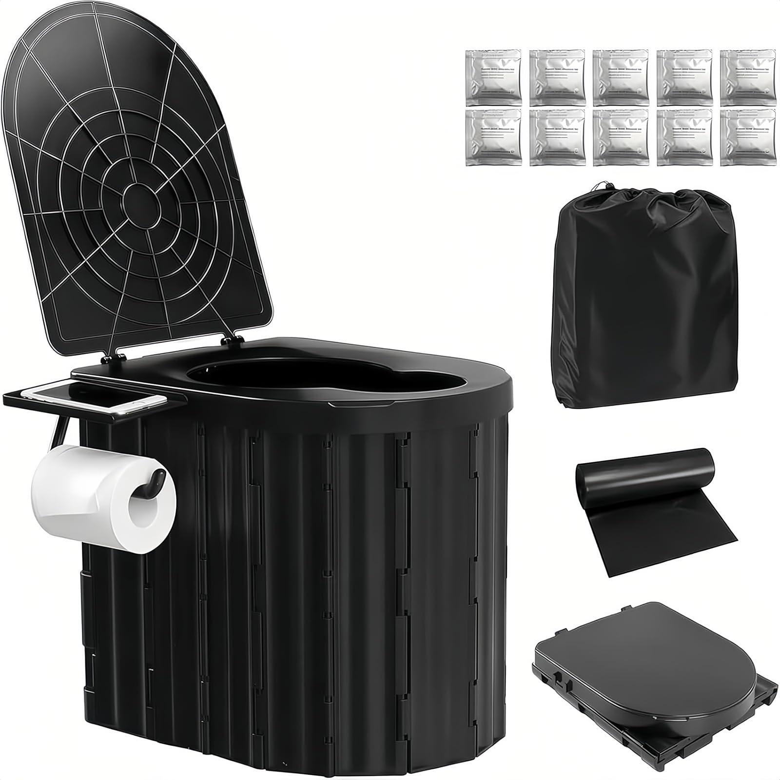 UOPBYEA portable camping toilet handle shows easy transport and stable setup on uneven terrain.