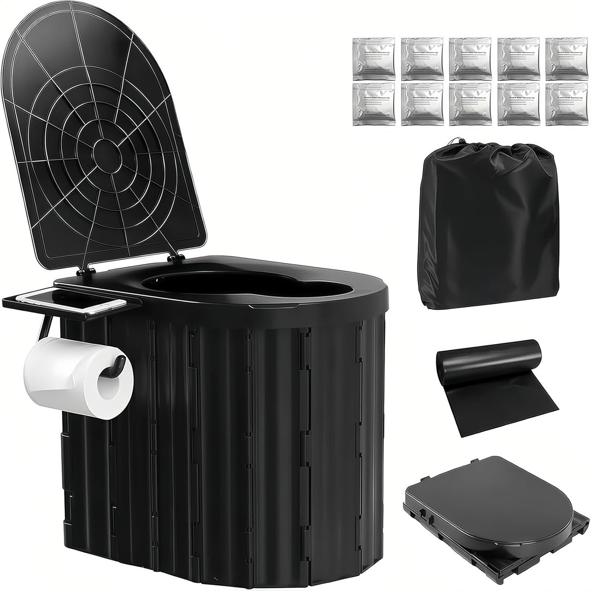 UOPBYEA portable camping toilet handle shows easy transport and stable setup on uneven terrain.