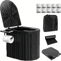 UOPBYEA portable camping toilet handle shows easy transport and stable setup on uneven terrain.