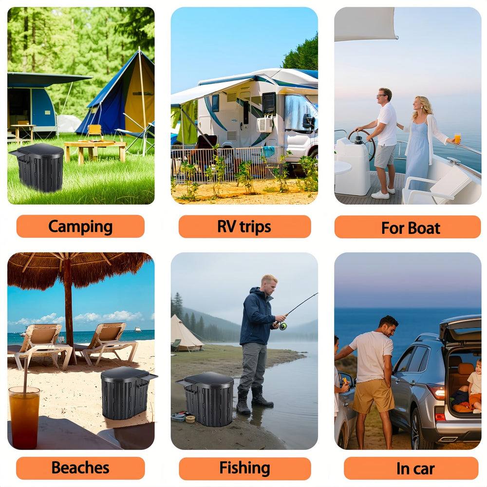 UOPBYEA portable camping toilet multi-use scenario highlights versatility for trash can, stool, or potty.