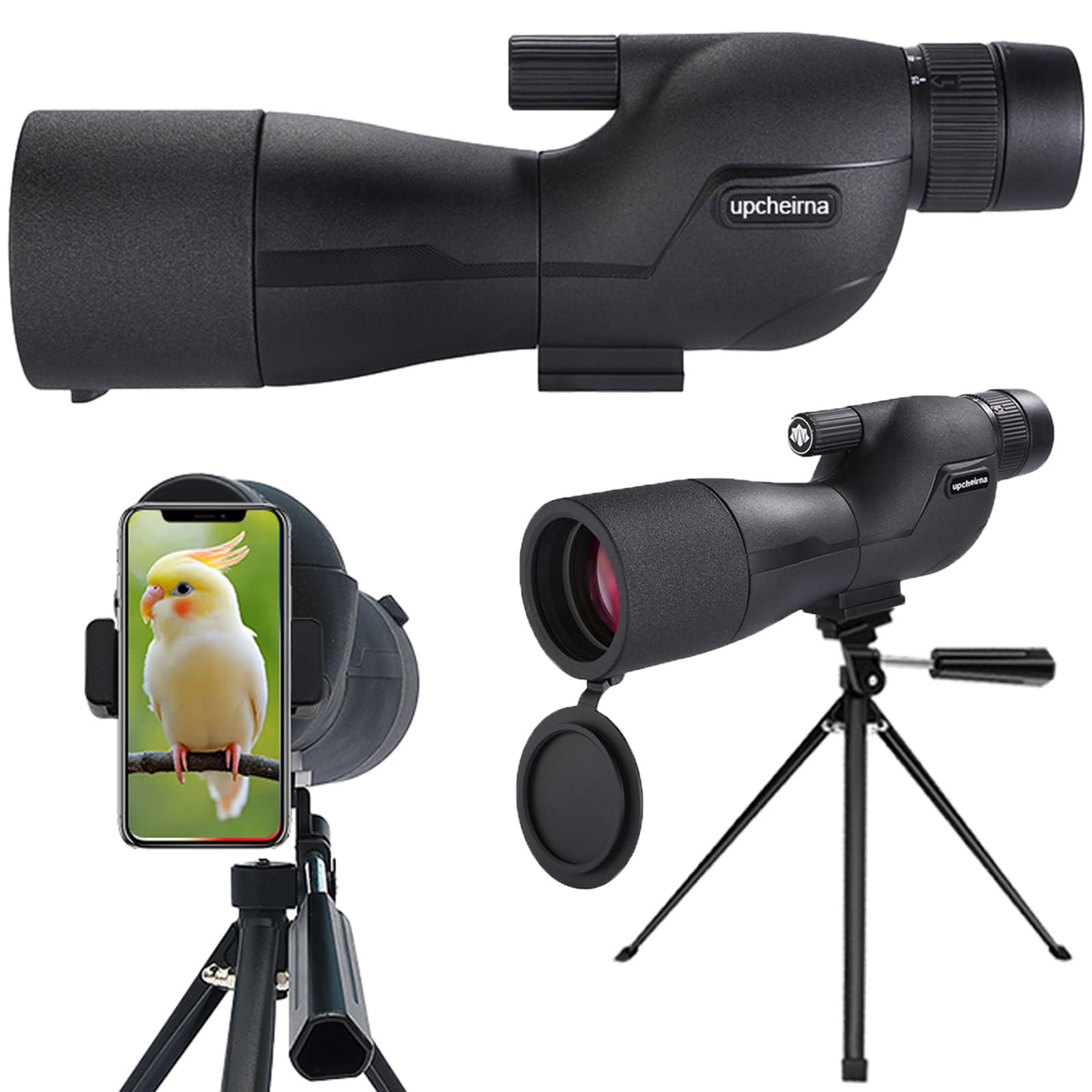 Upcheirna spotting scope front view shows compact design for field use and quick targeting
