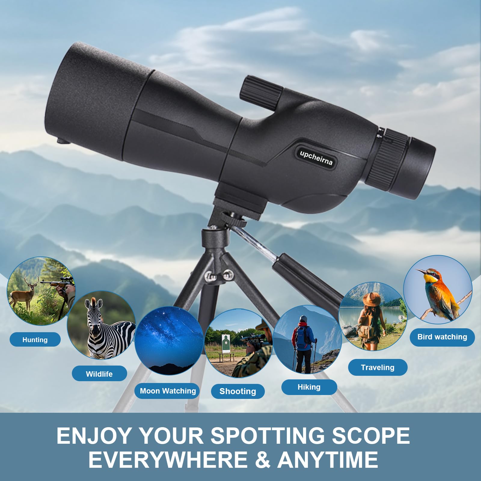 Upcheirna spotting scope with phone adapter enables easy distance photo capture