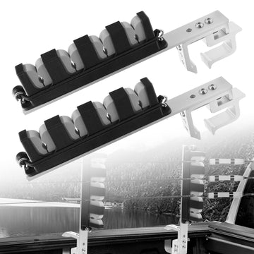 Updated aluminum truck bed rod holder mounted in a pickup bed holding four rods