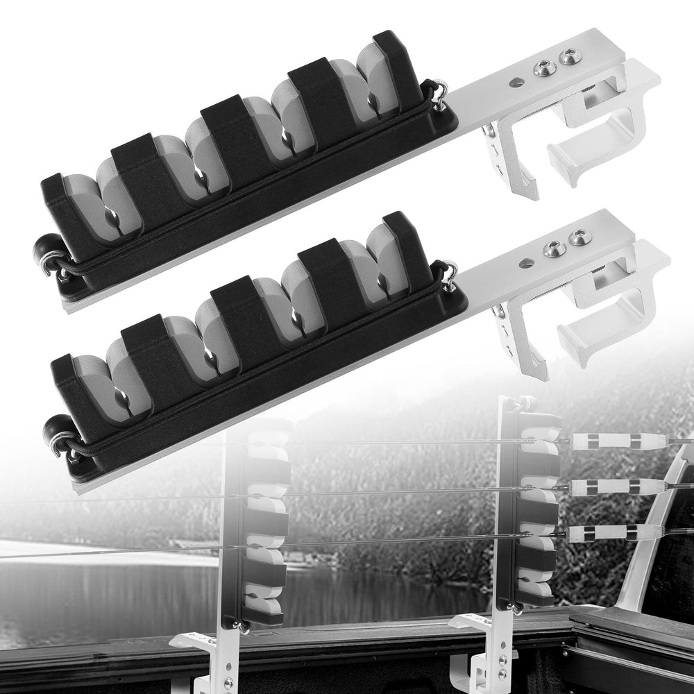 Updated aluminum truck bed rod holder mounted in a pickup bed holding four rods