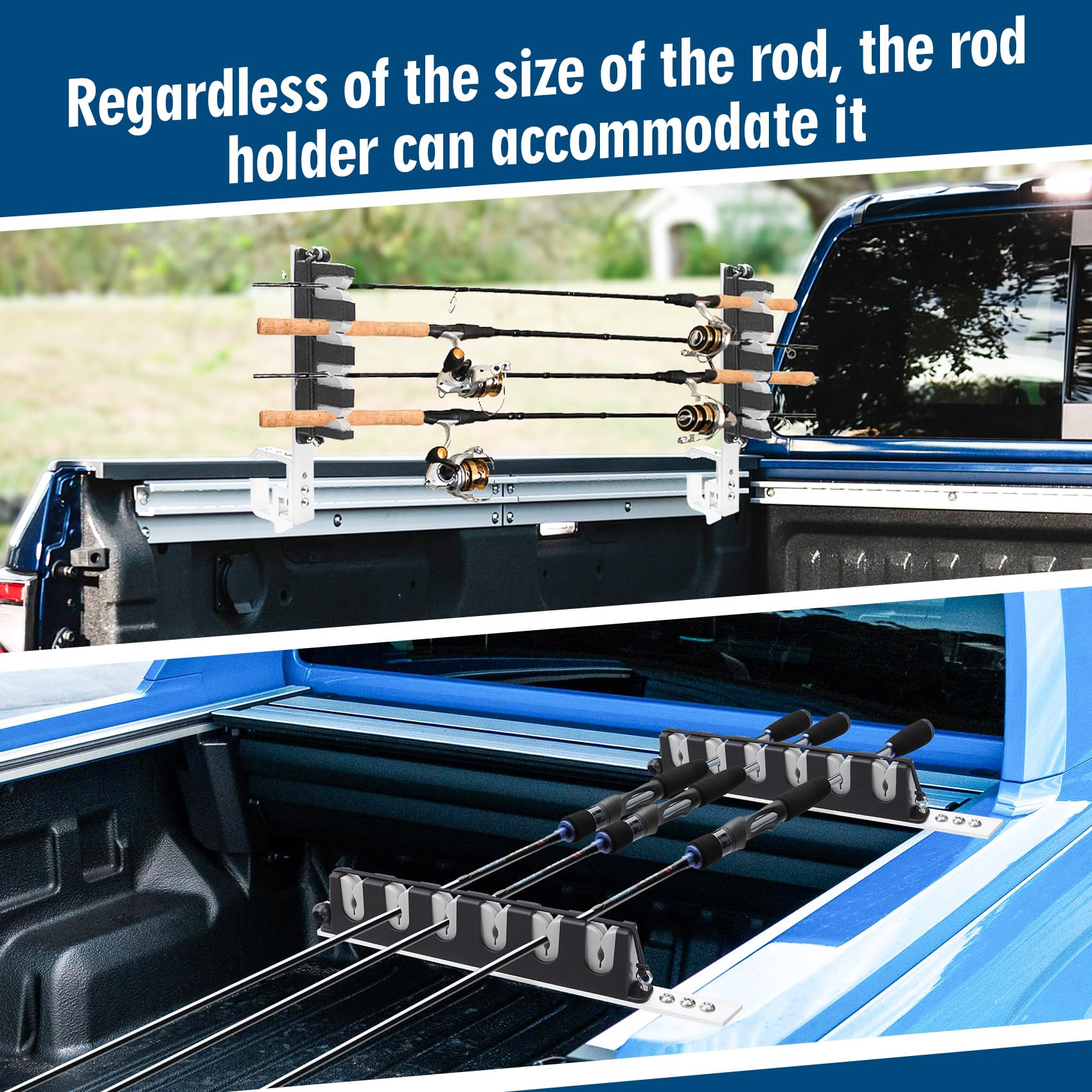 Side and angled views showing four rods secured in the holder