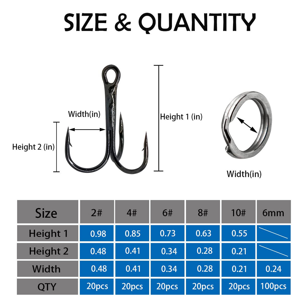 Close-up of sharp round-bend treble hooks