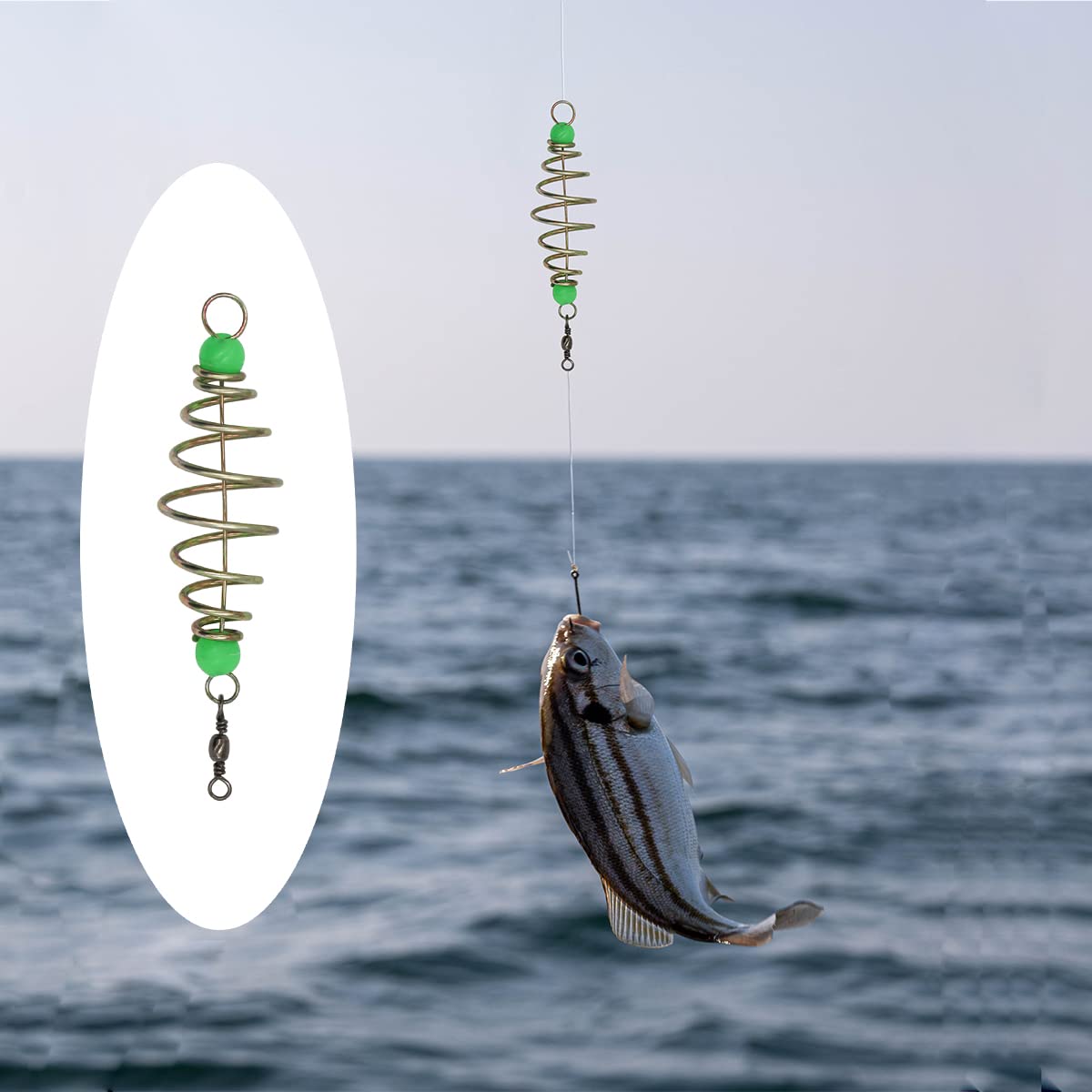 Close-up of stainless steel fishing feeder bait cage olive shape