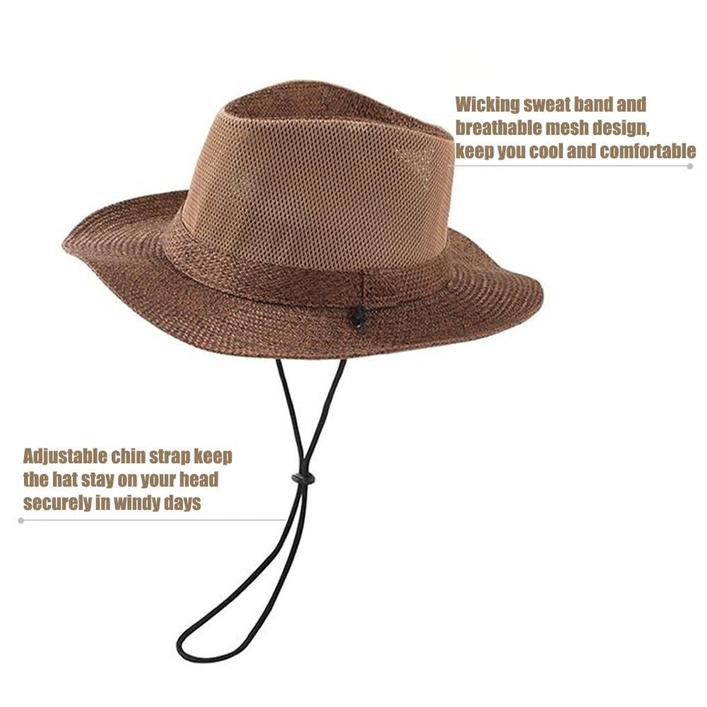 Close-up of UPF50+ protection on brown Panama hat