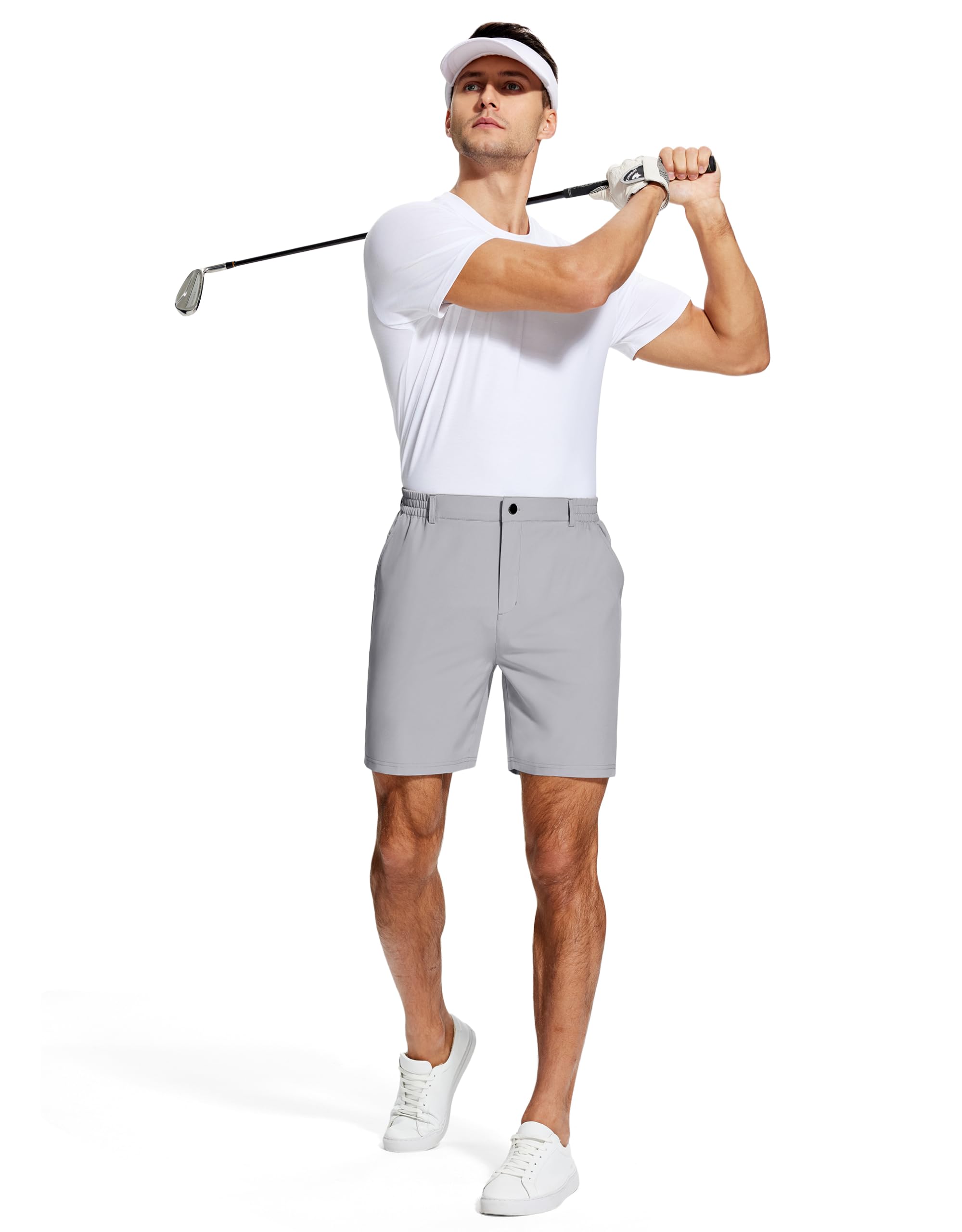 UPGET bright grey 7-inch inseam worn during outdoor activity for versatile wear
