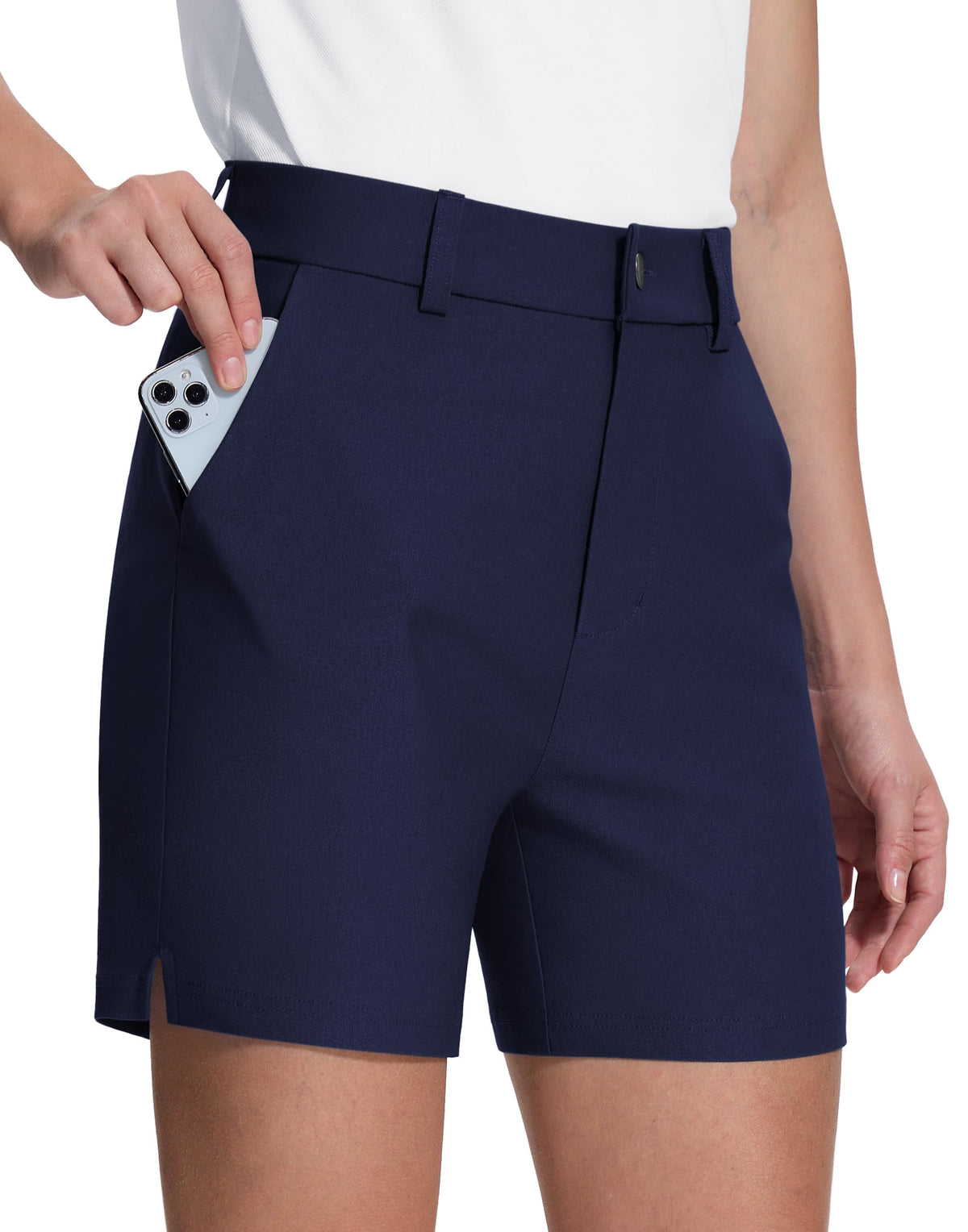UPGET women's 5in golf shorts breathable fabric closeup shows moisture-wicking comfort for workouts.