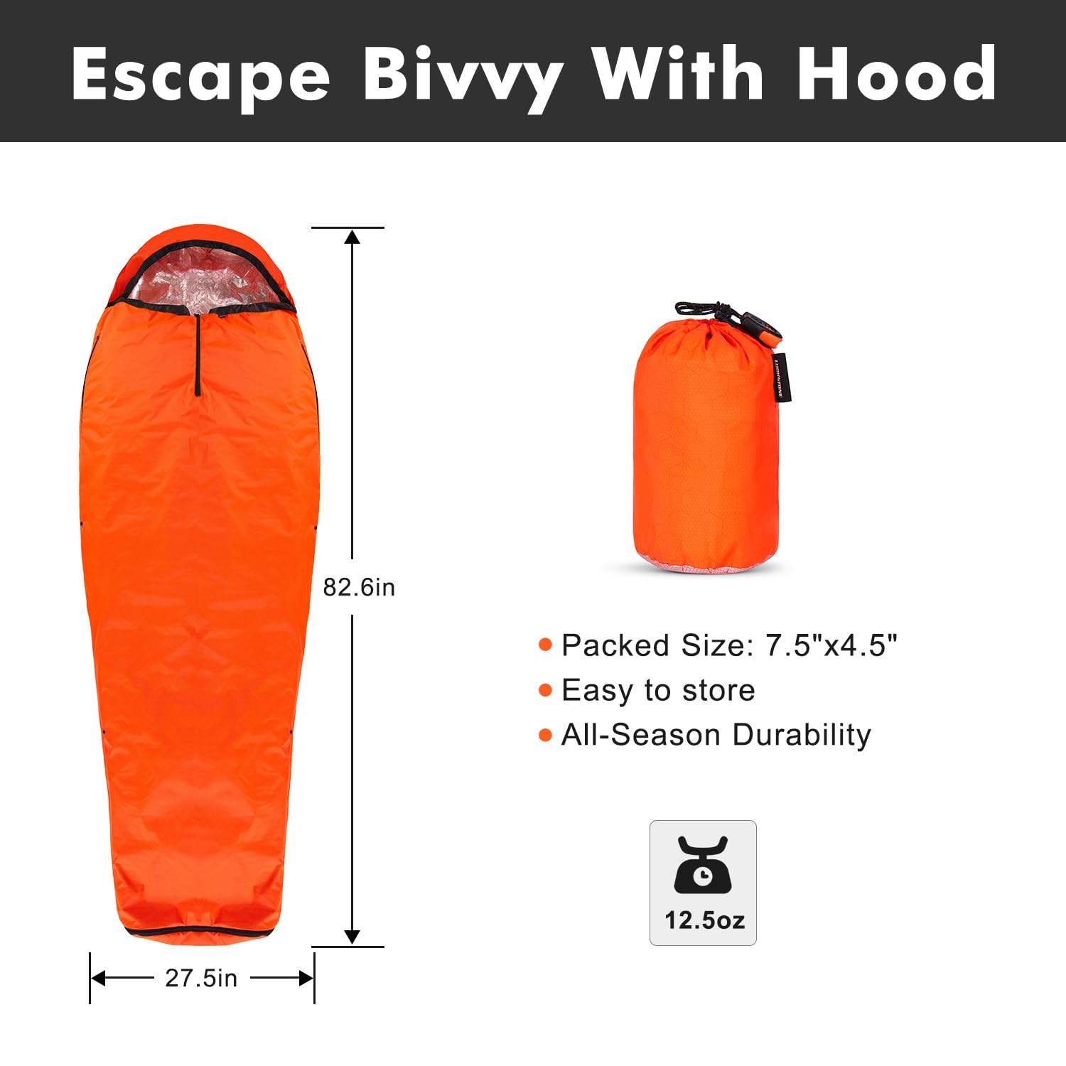 Upneargo emergency sleeping bag open with hood ready, showing warmth retention for camping nights.