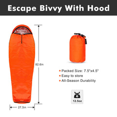 Upneargo emergency sleeping bag open with hood ready, showing warmth retention for camping nights.
