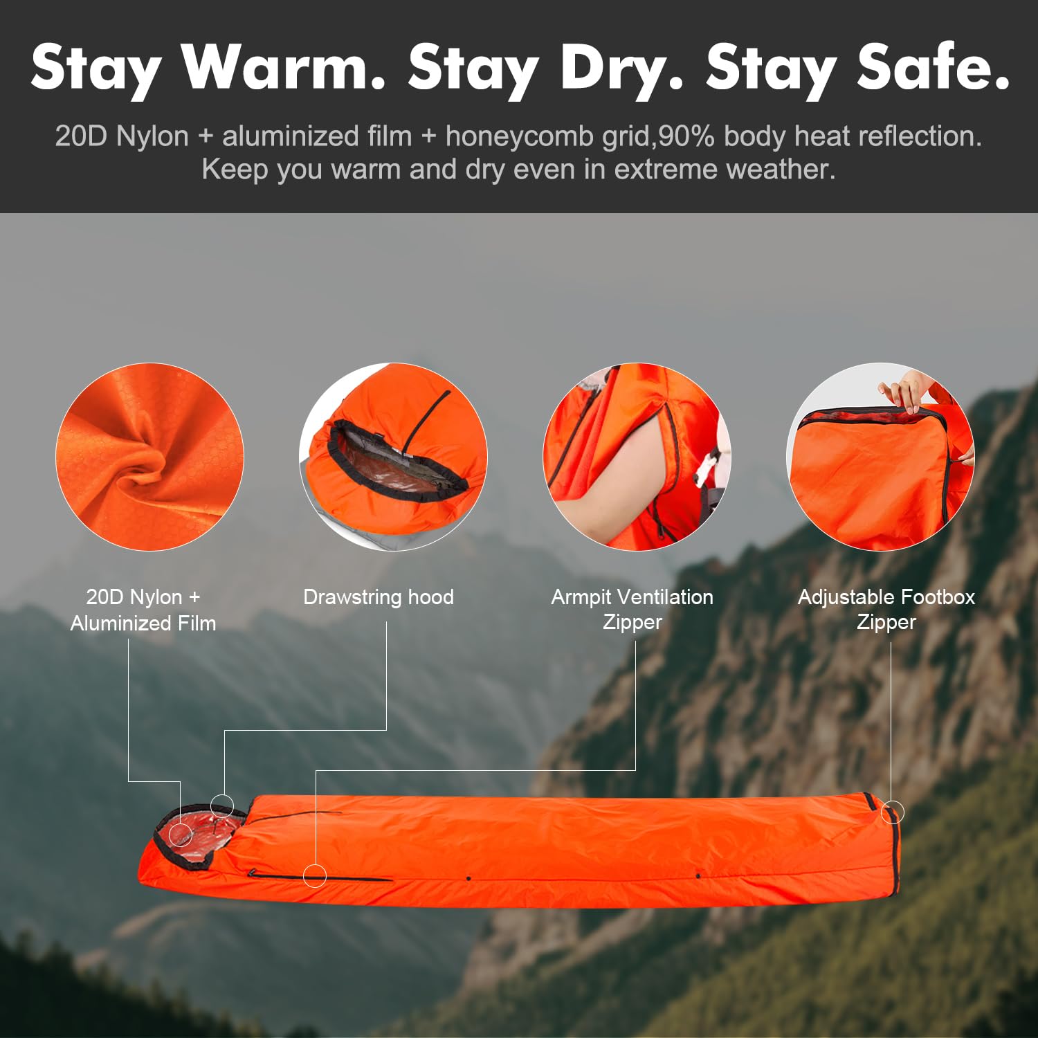 Upneargo emergency sleeping bag worn as a coat demonstrates versatile warmth during hikes.
