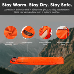 Upneargo emergency sleeping bag worn as a coat demonstrates versatile warmth during hikes.