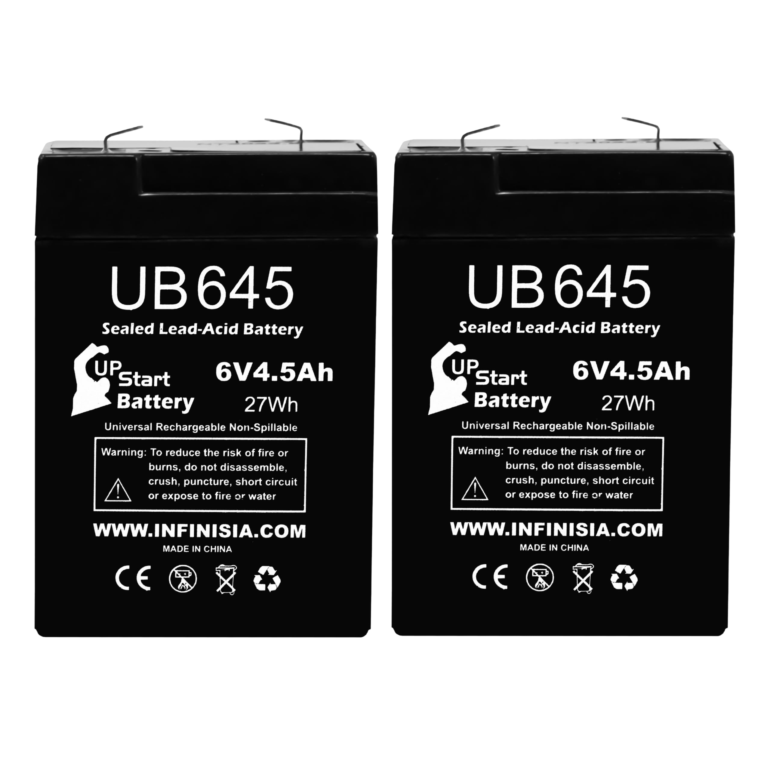 Upstart UB645 2-pack deer feeder battery, outdoor-ready.