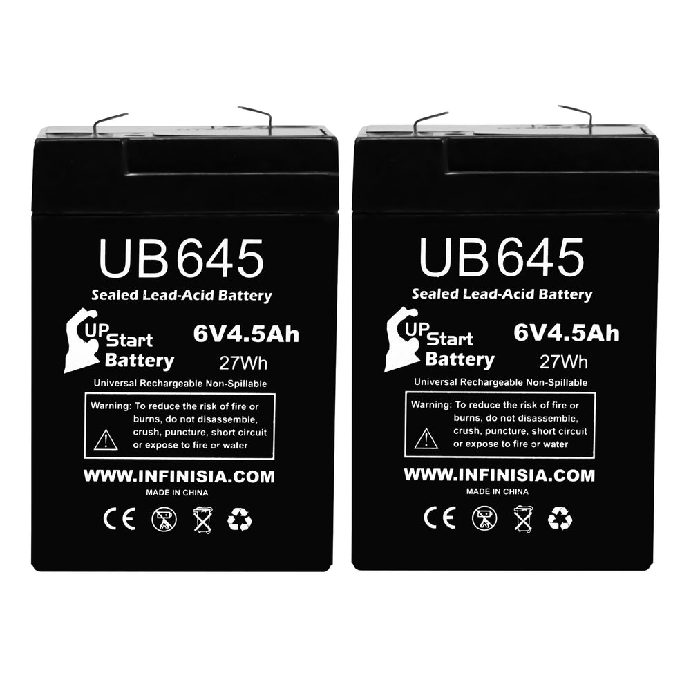 Upstart UB645 2-pack deer feeder battery, outdoor-ready.