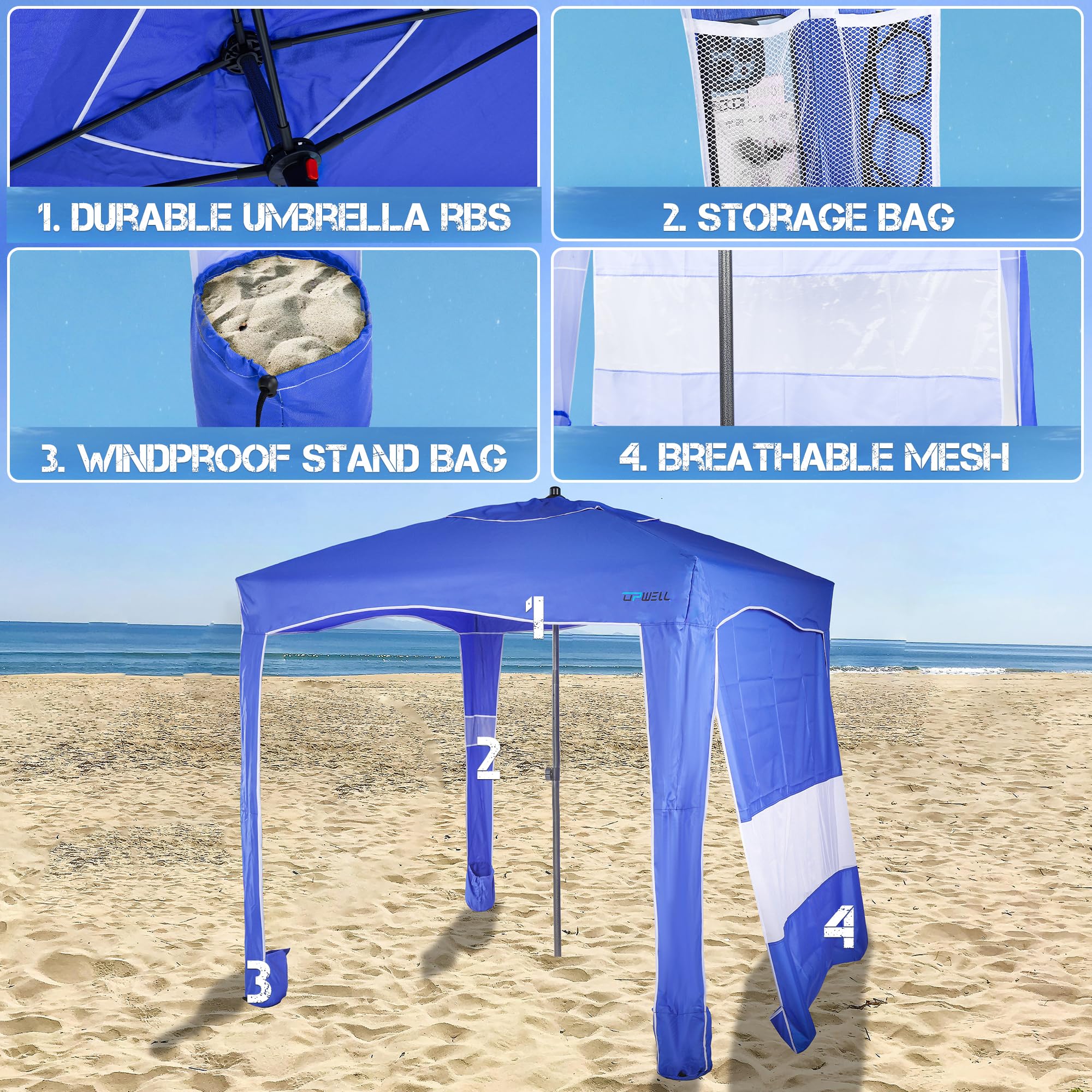 UPWELL beach tent interior with room for 2-4 people, cozy shade.