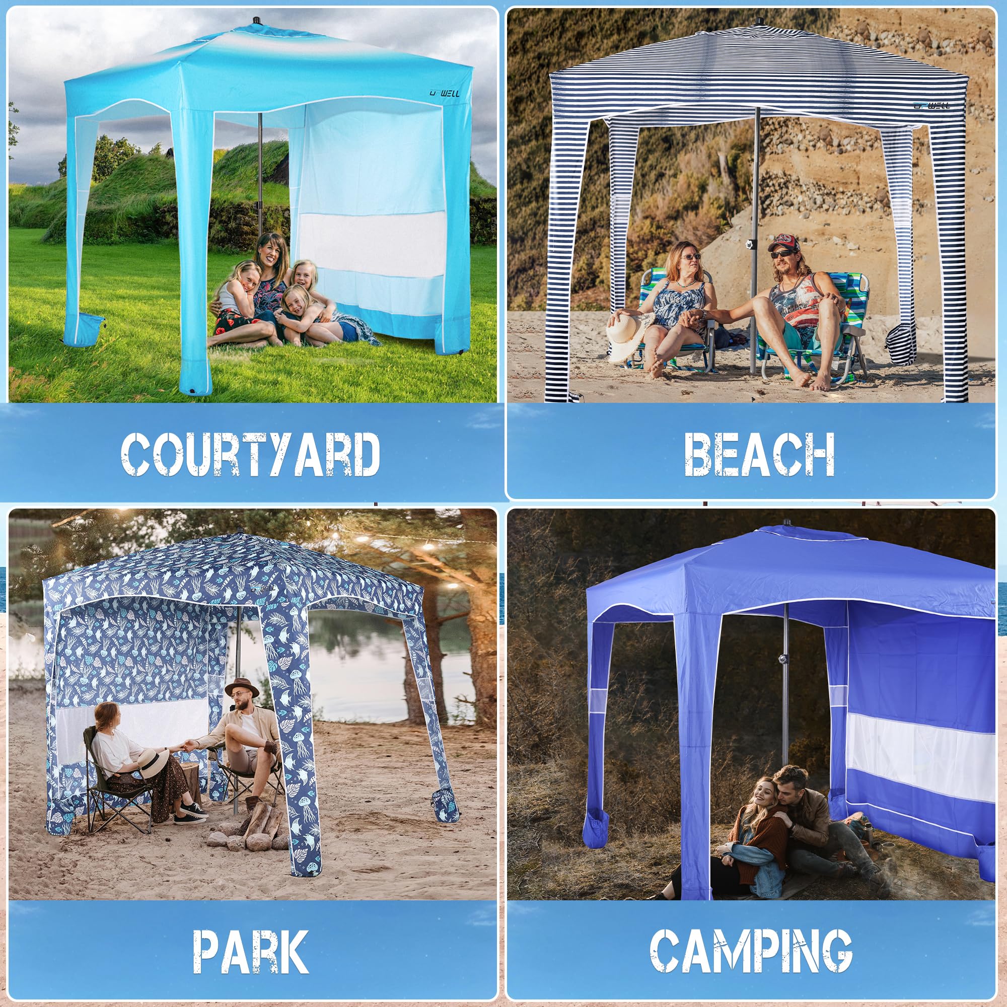UPWELL beach tent sand pockets stabilize in windy conditions.