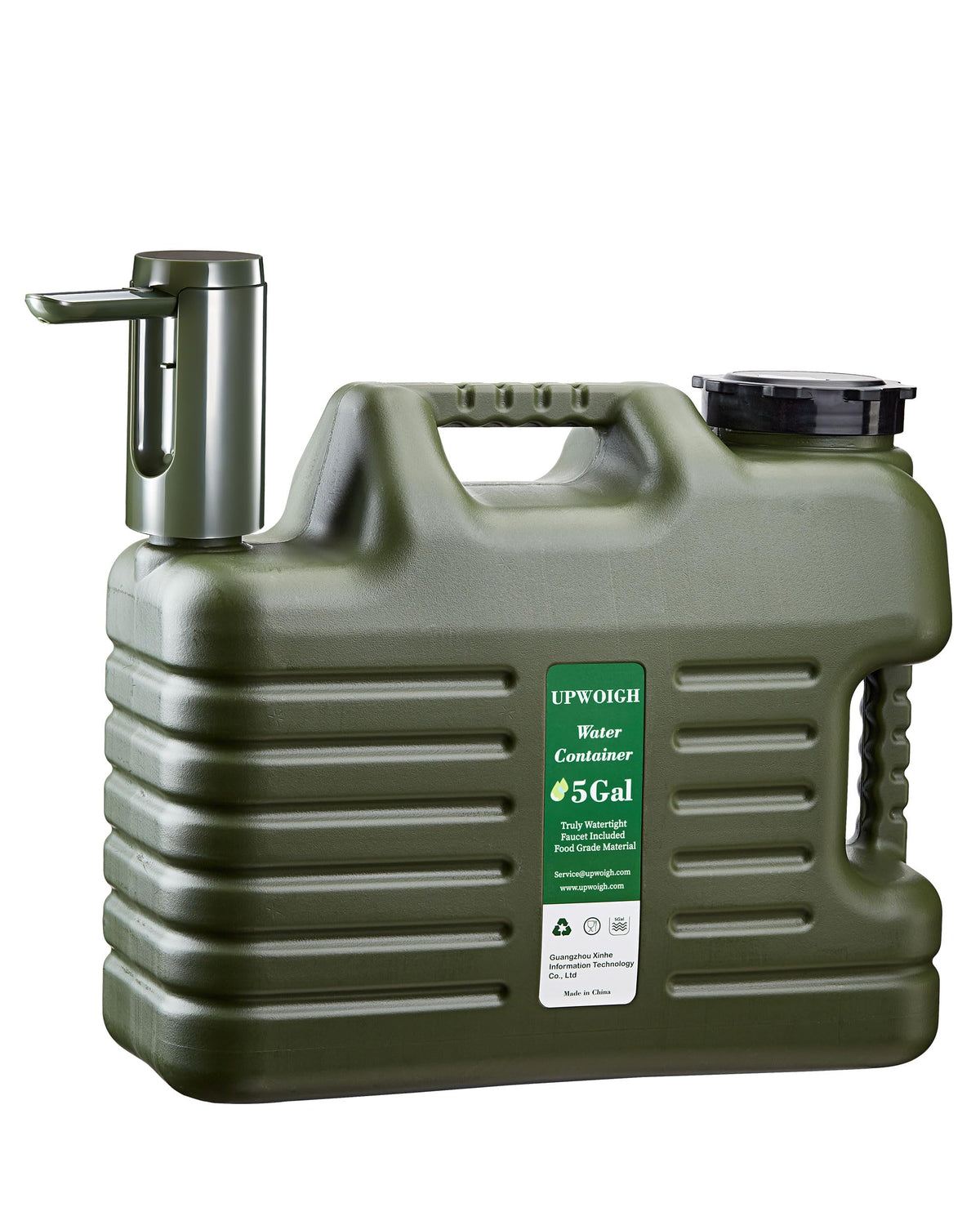 UPWOIGH portable 5gal water jug front view, ideal for outdoor hydration on camping trips.