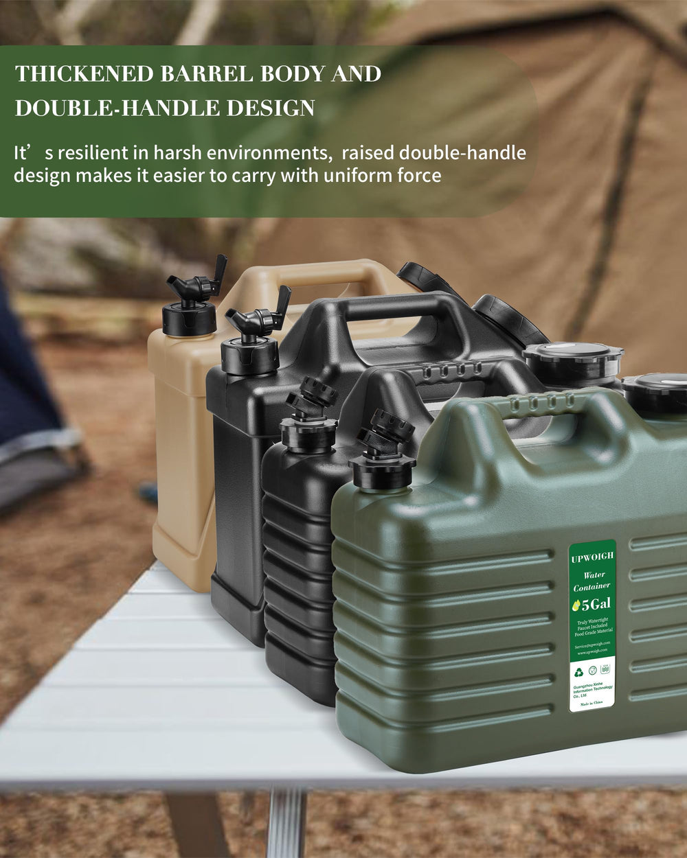 UPWOIGH water jug in camping setup illustrates convenient hydration during trips