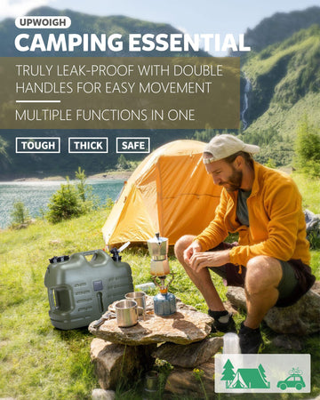 UPWOIGH filled water jug demonstrating generous volume for camping