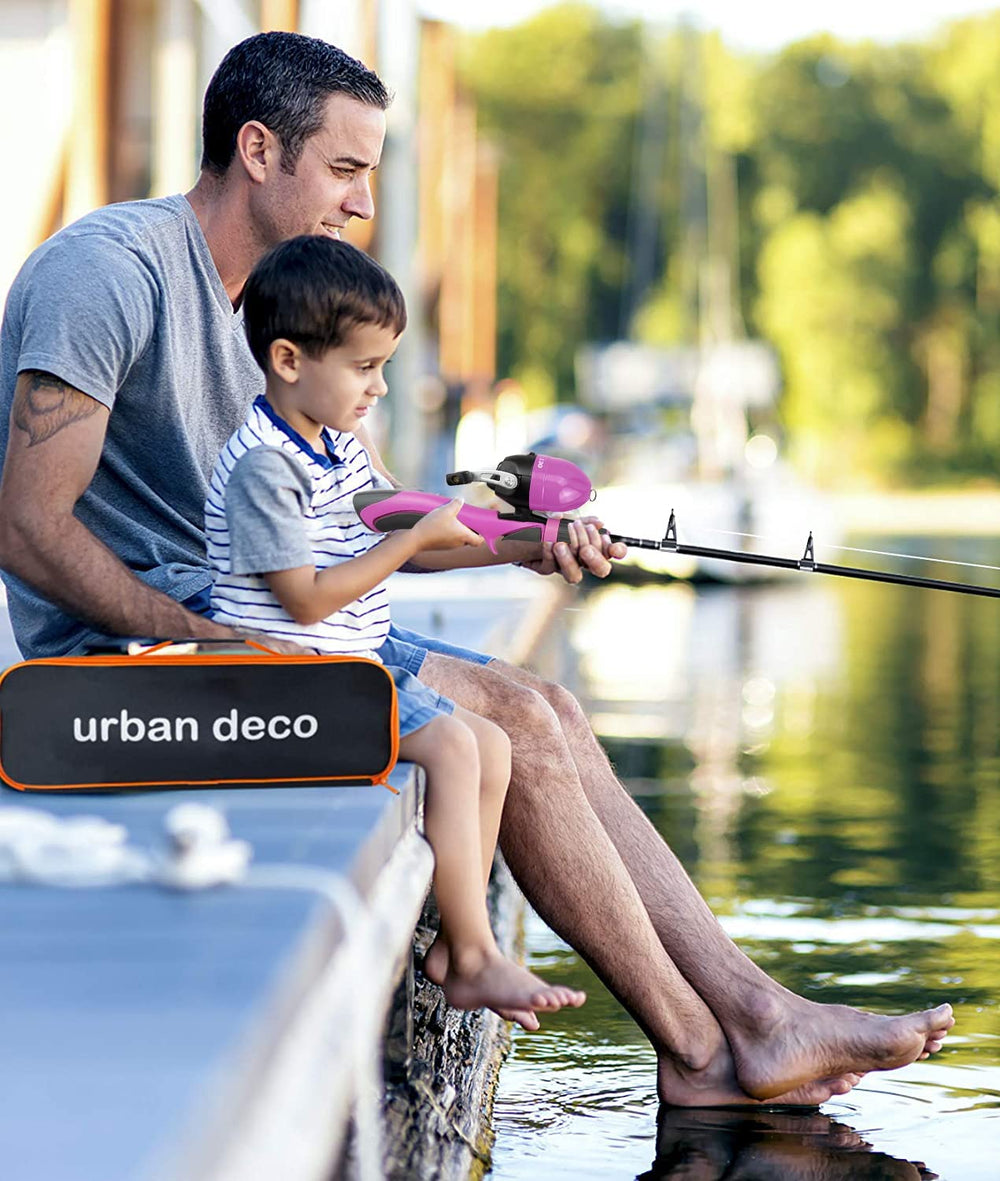 Pre-spooled spinning reel on pink Urban Deco fishing pole