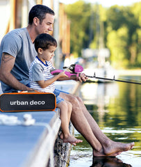 Pre-spooled spinning reel on pink Urban Deco fishing pole