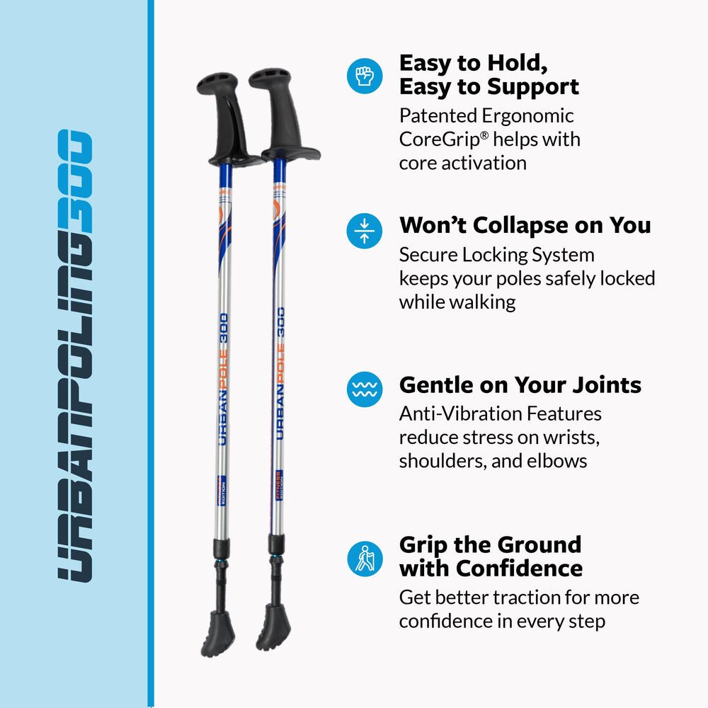 Urban Poling Series 300 adjustable-length highlights quick twist-lock for easy height changes.