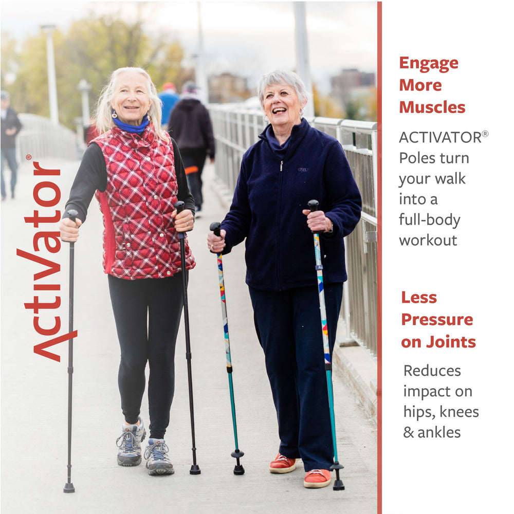 Urban Poling ACTIVATOR MODA silver frame blue grip emphasizes ergonomic comfort.