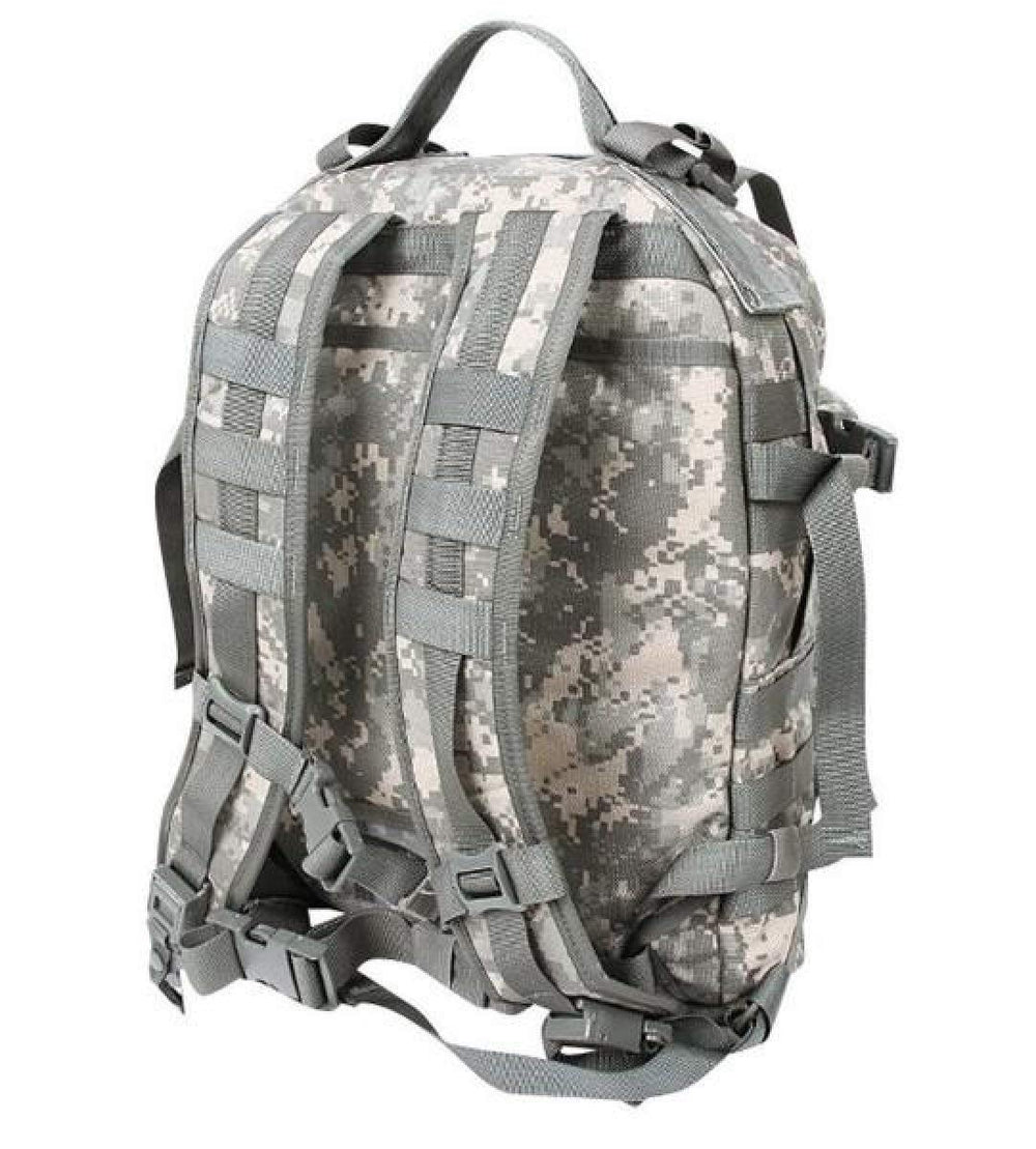 US Government Manufacturer MOLLE Assault Pack ACU back view, sturdy straps and reliable attachment points.