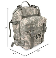 US Government Manufacturer MOLLE Assault Pack ACU interior, organized compartments for gear.
