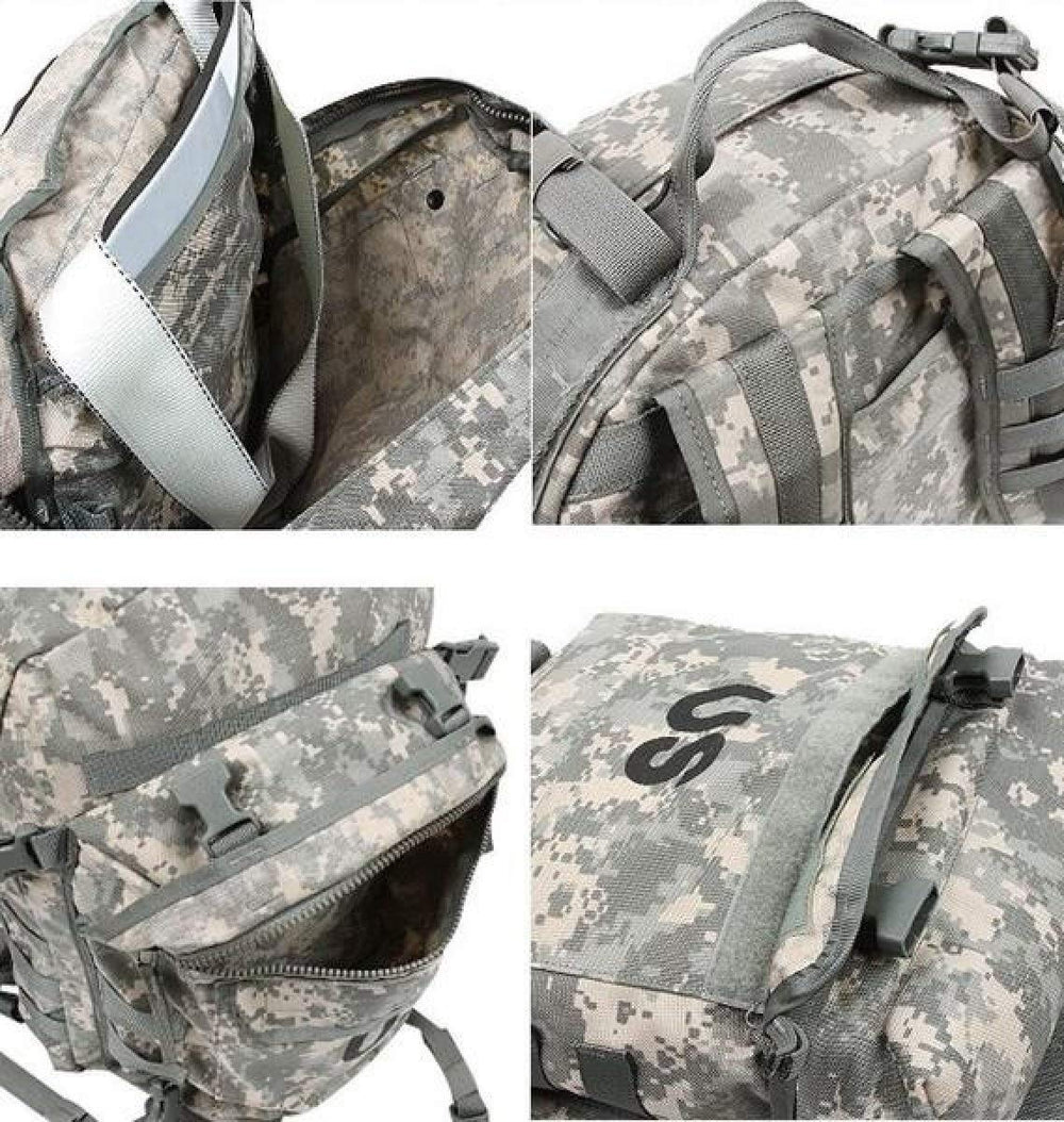 US Government Manufacturer MOLLE Assault Pack ACU side buckle, durable closure for daily carry.