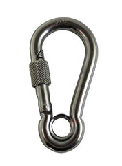 US Stainless 316 marine-grade spring hook with screw nut and eyelet, corrosion resistant.