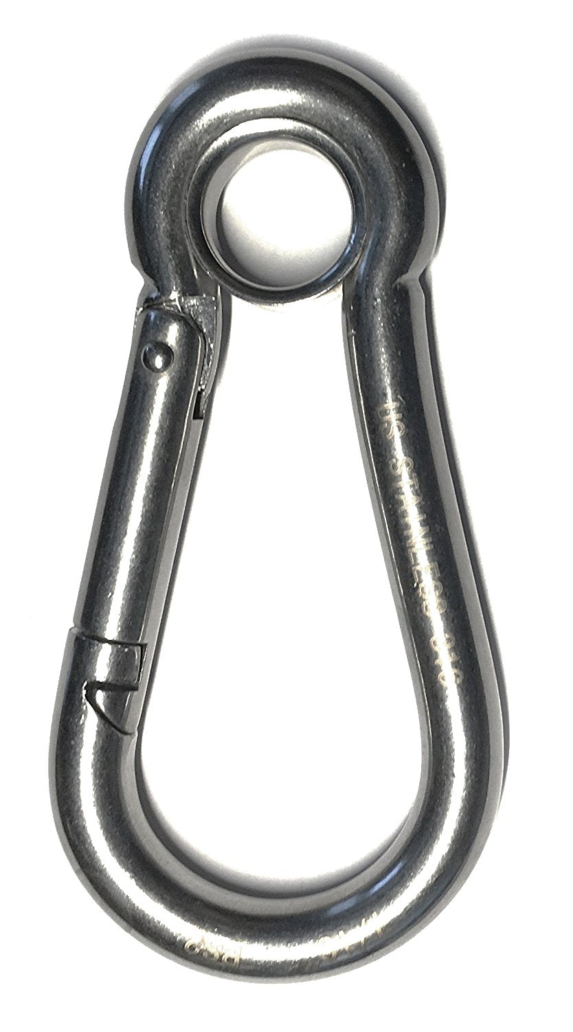 US Stainless 316 spring hook eyelet sideview, durable marine hardware for secure connections