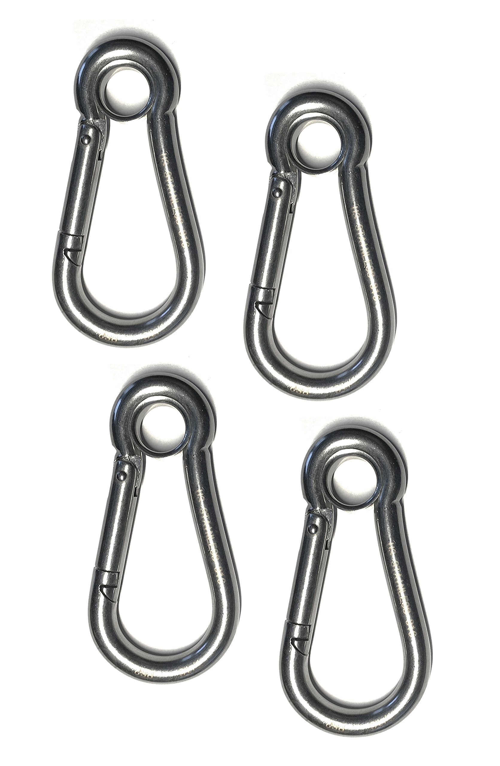 US Stainless 4-pack 316 spring hooks with eyelet 516 close-up, corrosion resistant for marine use